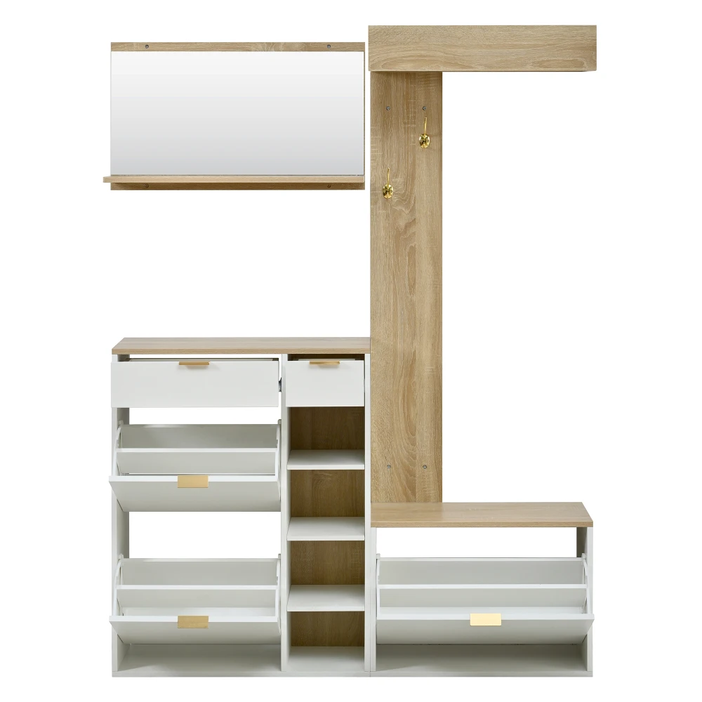 PINGGO Wandmontiertes Eingangsbereich-Möbelset mit Schuhregal, Bank, Spiegel und Kleiderschrank mit Regal – Komplette Aufbewahrungslösung