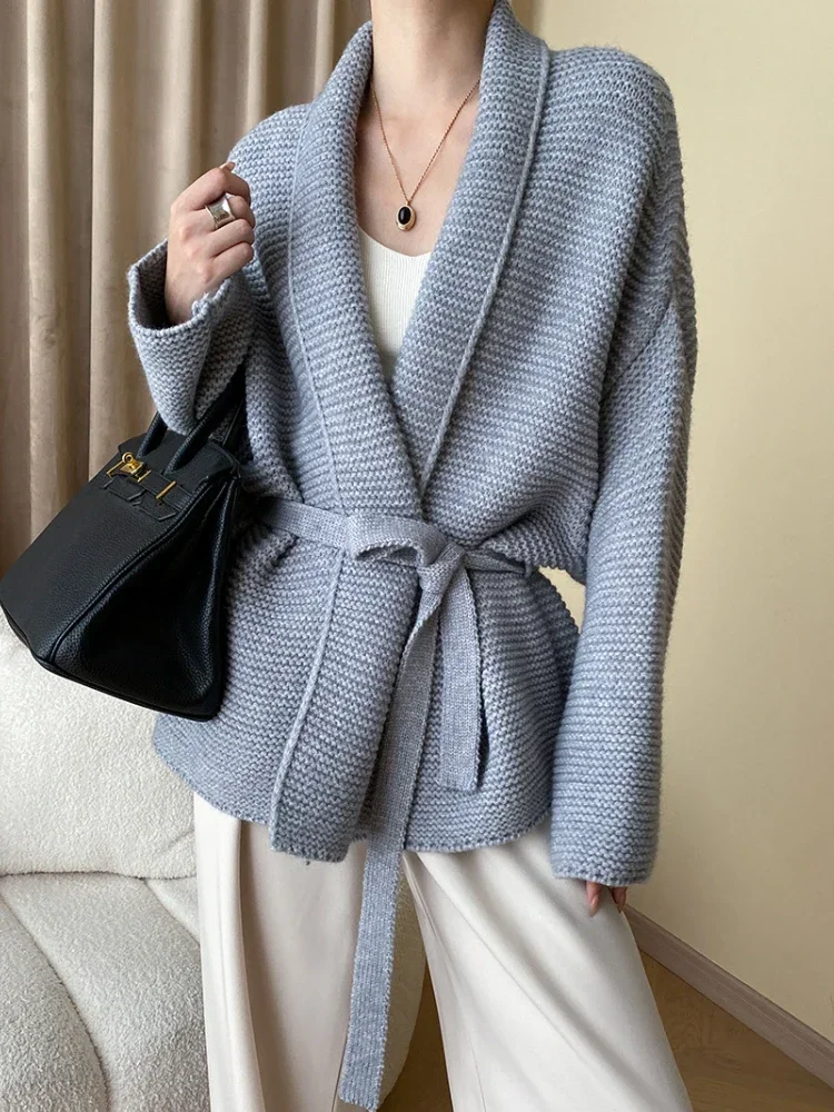 Knitted Cardigan Sweater Loose Lace Up Waist Retraction Oversized Cardigan Autumn New Grey Warm Fashion Coats for Women 2024