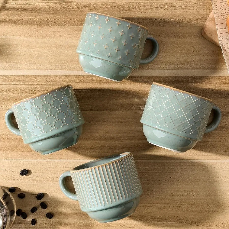 Grande caneca de café cerâmica conjunto de 4 com suporte 15 oz empilhável gravação com nervuras latte copo conjunto para cappuccino latte chá cacau quente