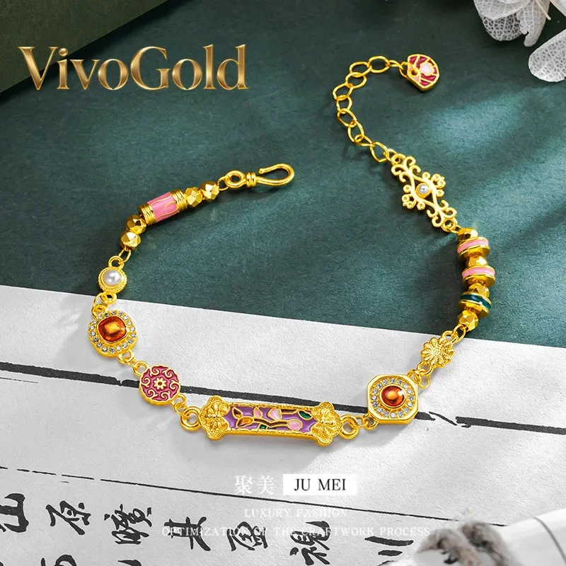 

VivoGoldLuxury 24K real gold Burnt blue Peach DIY bracelet au9999 pure gold ancient burning blue craft hand brand retro court st
