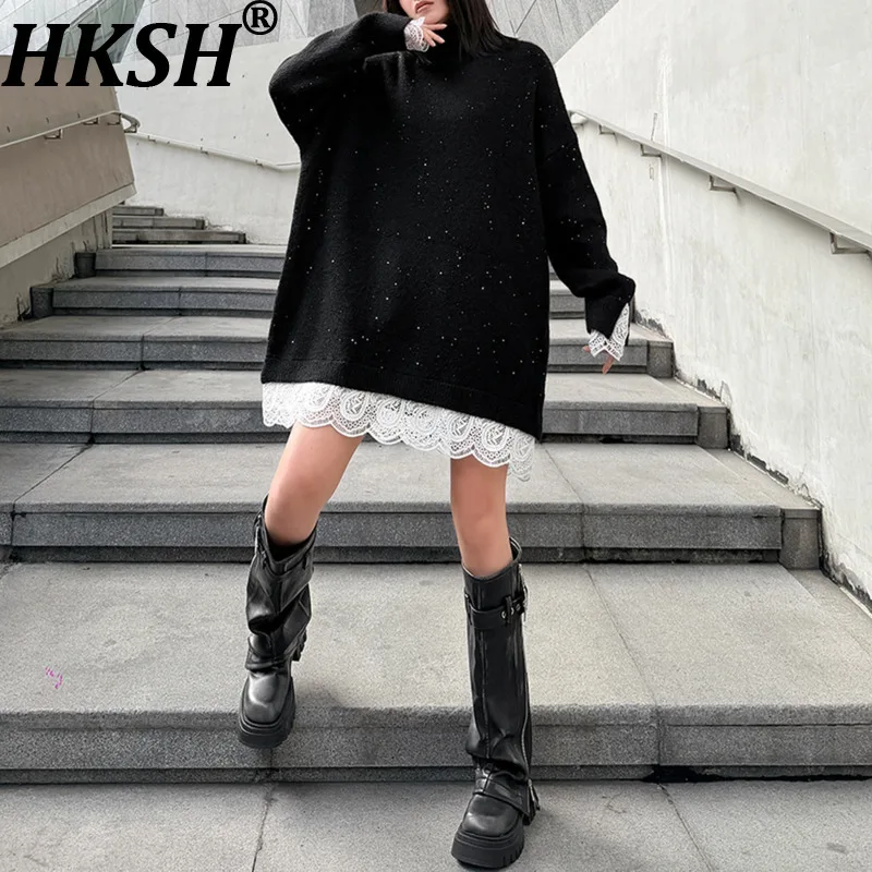 

HKSH осень-зима новый женский свитер водолазка с длинными рукавами кружево лоскутное цветное платье элегантные модные платья большого размера HK17907