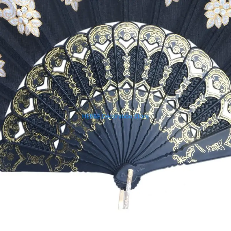 B0KC Black Spanish Wedding Lace Silk Folding Hand Held Flower Fan