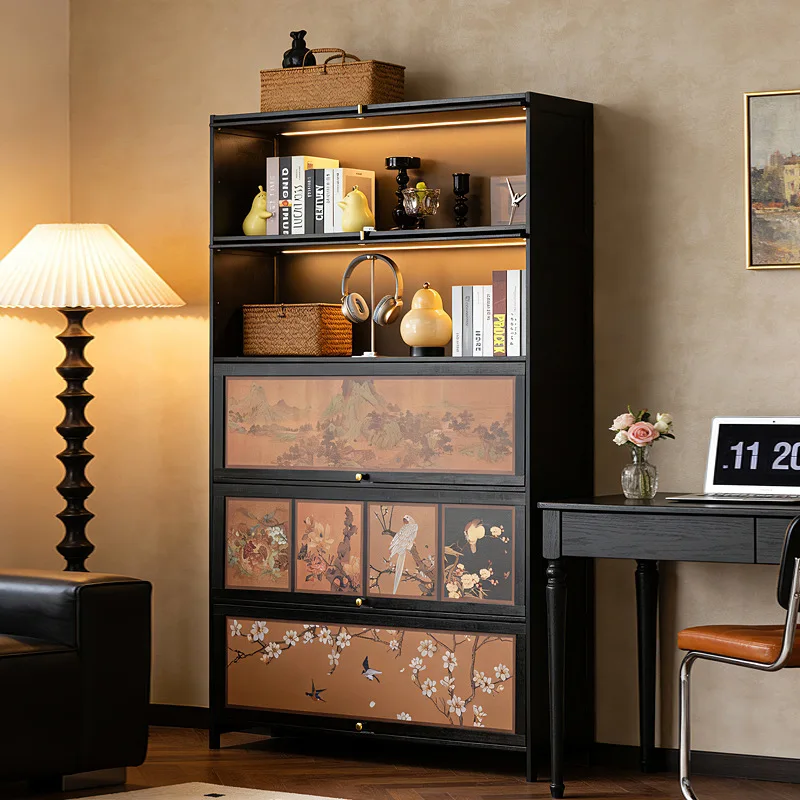 

American solid wood bookcase Display cabinet Locker storage bookshelf Floor to ceiling glass door against wall Living