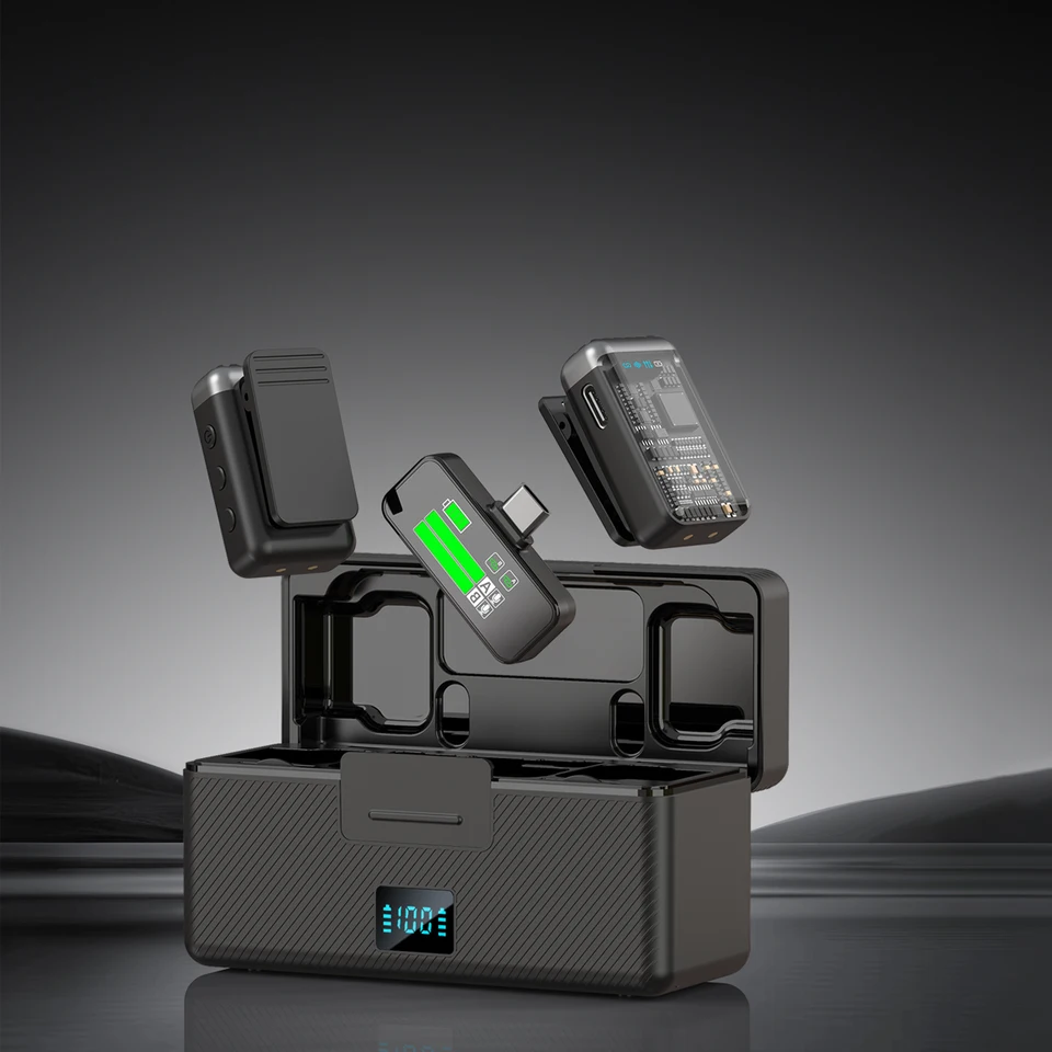 Yamnweo T-S2 micrófono de solapa inalámbrico 2 en 1 con estuche de carga, cancelación de ruido inteligente AR, grabación inalámbrica 2.4G para smartphone, transmisiones en vivo, vlogs, compatible con Tipo-C y Lightning 6