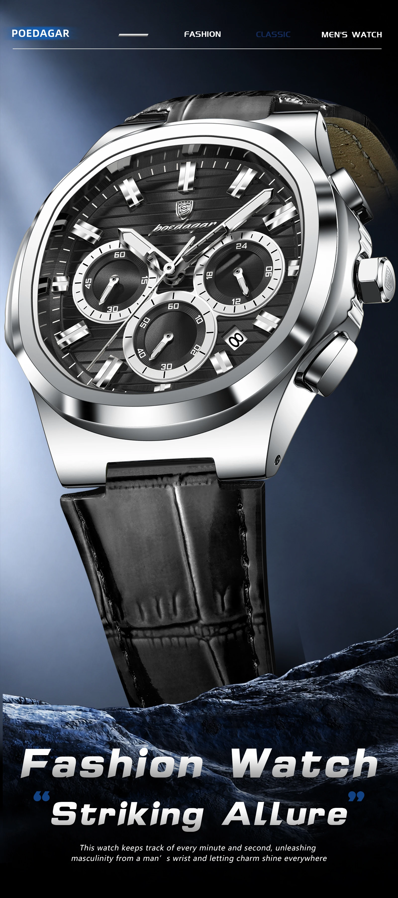POEDAGAR Luxus-Herrenarmbanduhr, wasserdicht, leuchtend, Leder, modische Herrenuhr, Datumsanzeige, Chronograph, Quarz, elegante Herrenuhren, Reloj – Detail 2