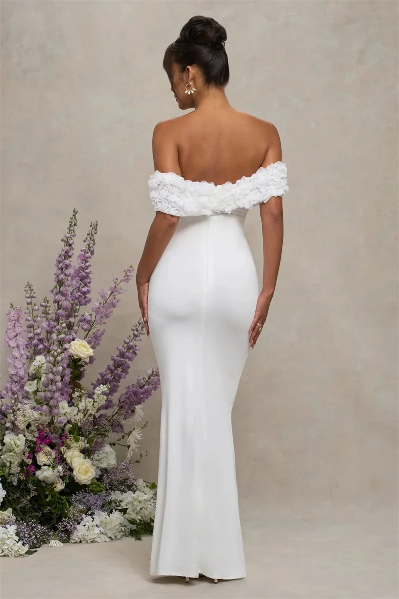 أبيض أصفر أنيق فستان الحفلة الراقصة 3D زهرة مثير قبالة الكتف قصيرة الأكمام غمد طويل الزفاف الرسمي ضيف الجلباب ثوب الزفاف