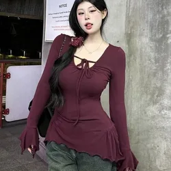 Spring New T-shirts Women Long Flare Sleeve Irregular Lace-up Slim Solid Simple All-match Spicy Girls Casual Streetwear 3XL Sexy