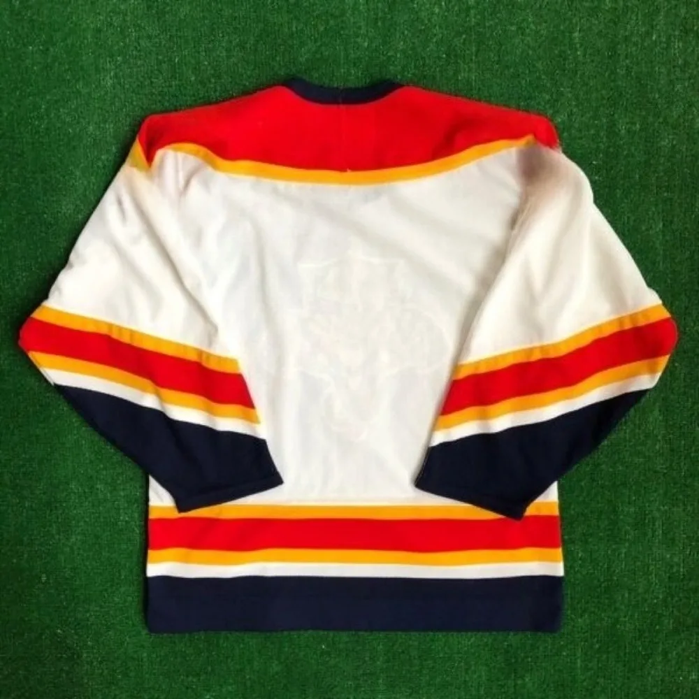 Hockey Jersey - White with Red/Yellow/Navy Accents Classic Panther Logo Vintage Striped Design Athletic Jersey 3d HD Prints