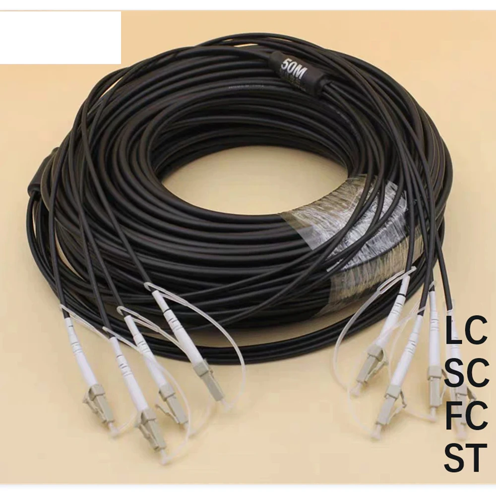 4Cores OM3-300,300M,4.0mm/4.5mm Black LSZH/TPU Jacket,4Fibers LC-LC Terminated Armoured Fiber Patch Cord Pigtail without Reel