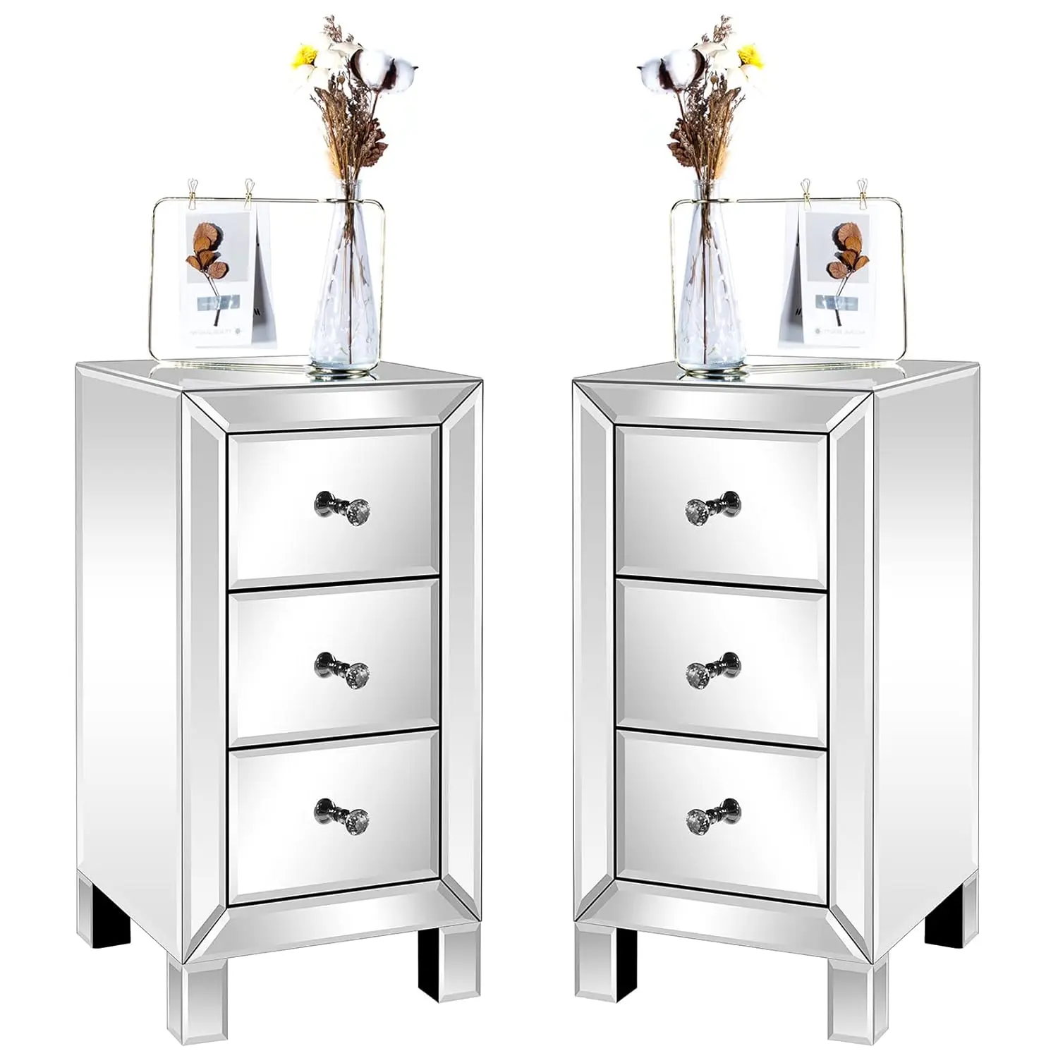 3-Drawer Mirrored Nightstand Set of 2, End Table, Bedside Table, Glass Nightstand for Bedroom, Living Room, Silver,, Customized