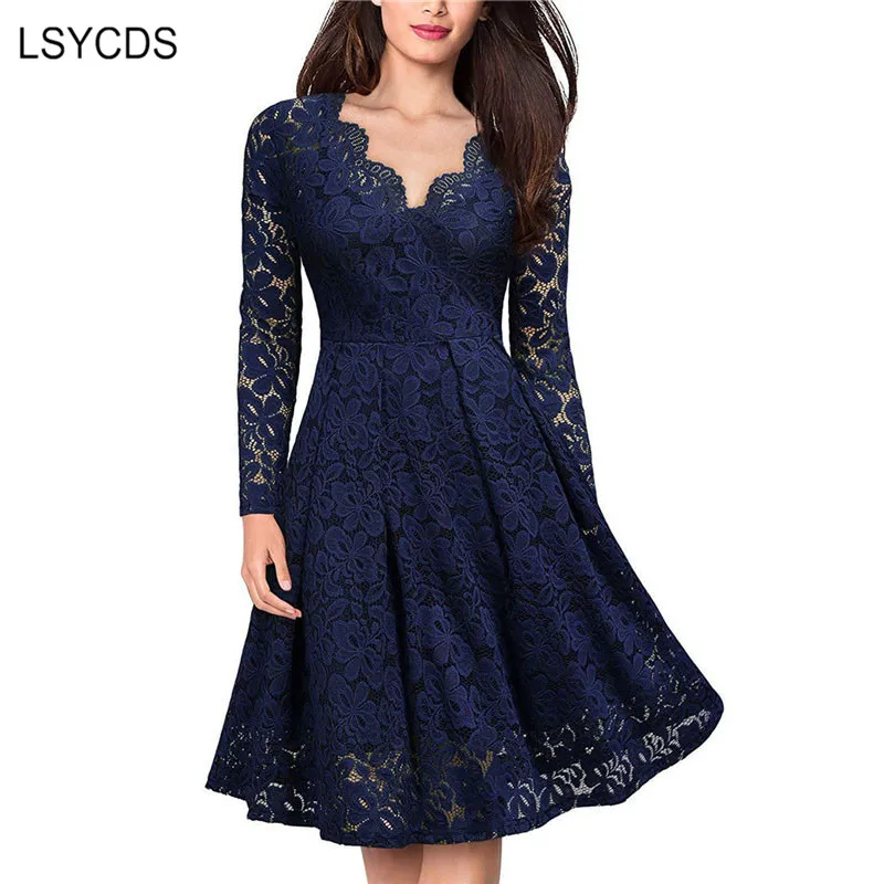 

LSYCDS Elegant Sexy Dress for Women Vintage Lace Long Sleeve V Neck Black Blue Robe Femme Casual Dresses Woman Party Night 2024