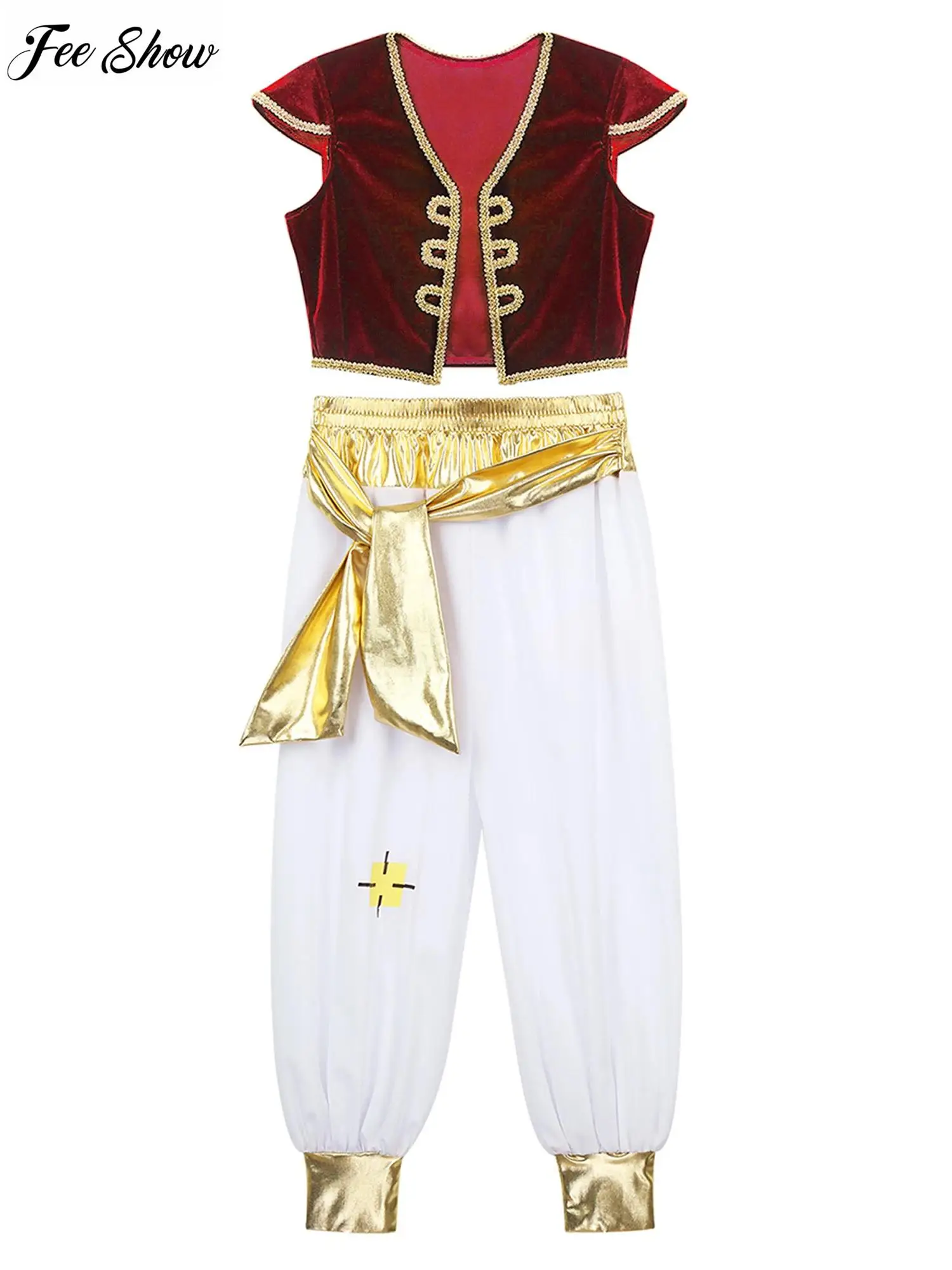 Kids Boys Arabian Prince Costume Outfit Cap Sleeves Vest Waistcoat with Pants Set for Halloween Dress Up Cosplay Party