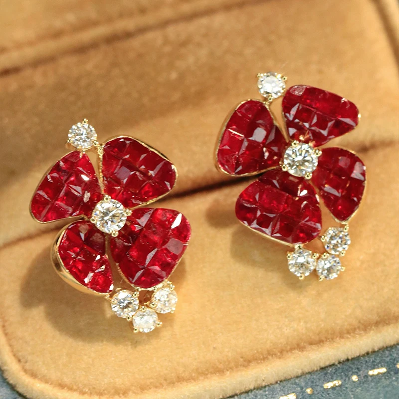 Aazuo High Jewelry 18k Yellow Gold Natural Ruby Real Diamond Luxury Flowers Earrings Gifted For Women Engagement Wedding Party