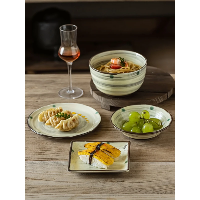 Japanese Style Vintage Ceramic Plate Creative Restaurant Homehold Porcelain Dinnerware Fruit Vegetable Salad Rice Soup Bowls