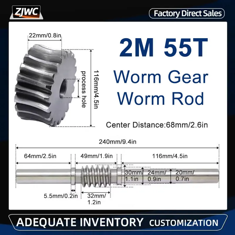 1pcs 2 Modulus 55 Teeth Reducer Worm Gear Process Hole And 2M Worm Rod Transmission Ratio 1:55 45# Steel For CNC Parts