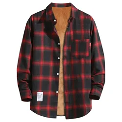 Winter Men'S Jackets Casual Plaid Printing T-Shirt Thickened Warm Cotton Loose Lapel Long Sleeve Streetwear Male Shirts M-3xl