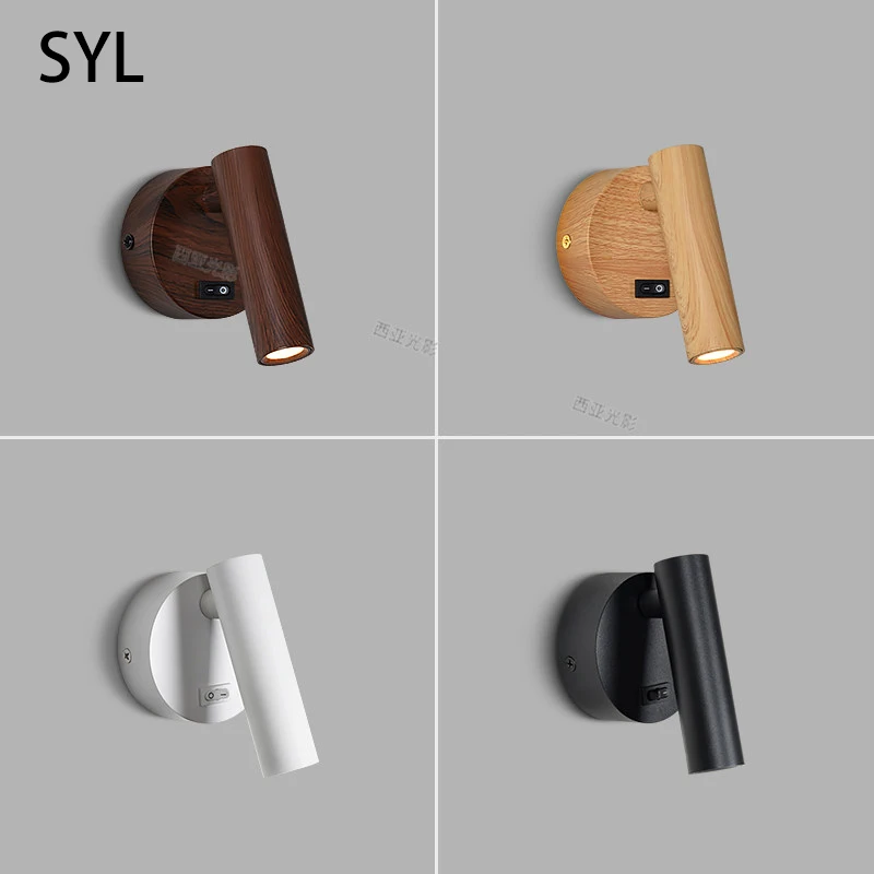 Led Wall Lamp Bedroom Beside Hotel Reading Light Walnut Log Wood Color Retro Spotlight With Switch 3W 5W Aluminum COB lighting