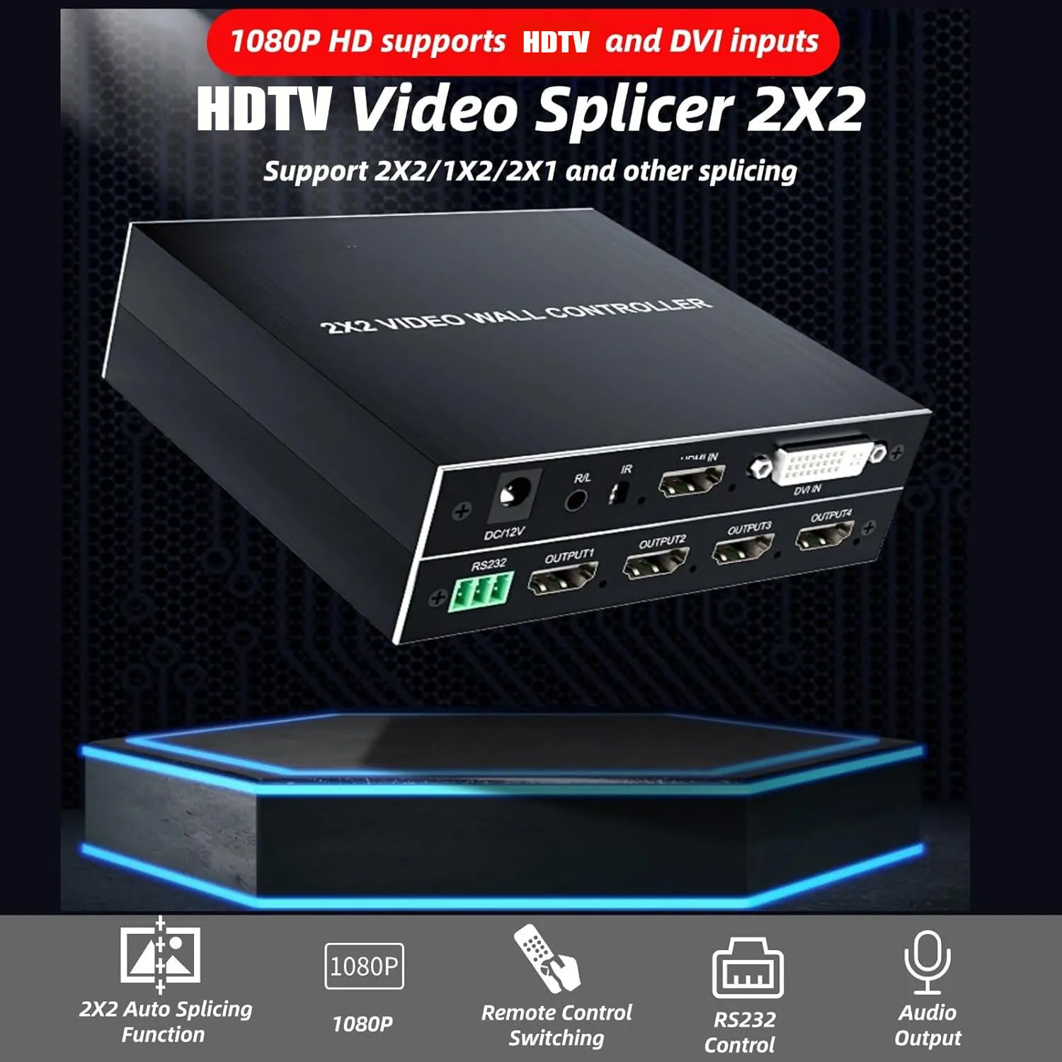 2x2 HDMI-Compatibility Video Wall Controller Processor For HDMI & DVI 4K Input 1080P Output TV Remote RS232 Control 180° Rotate