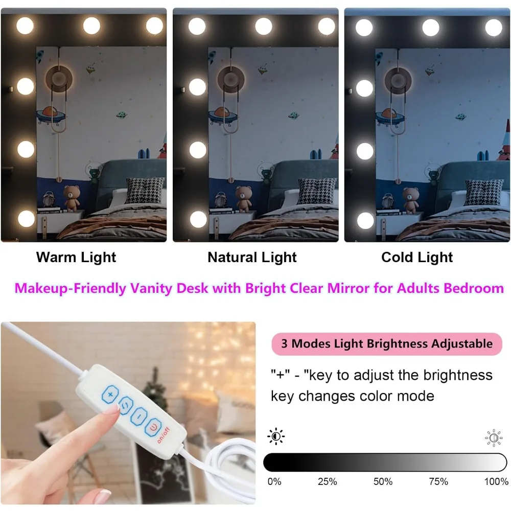 مكتب زينة فاخر أسود كبير 55 بوصة ارتفاع مع مرآة وأضواء، 7 أدراج، 6 أرفف مكياج كبيرة، 10 لمبات، 3 أوضاع #2