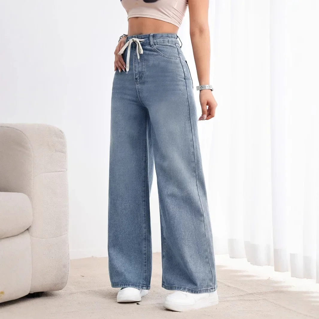 Jeans Wide Leg Pants Women Vintage Denims Drawstring Lace Up High Waist Washed Distressed Straight Trousers 2026 Streetwear
