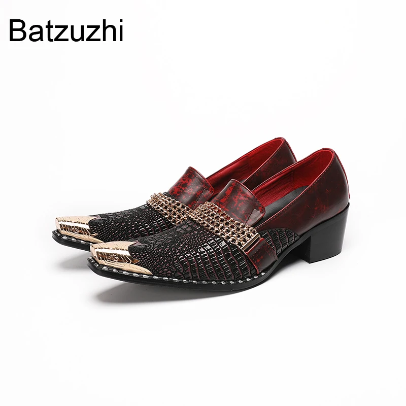 Batzuzhi Italian Type Men's Shoes Slip on Wine Red Leather Dress Shoes Man 6CM Heels High Fashion Party, Wedding Shoes for Man