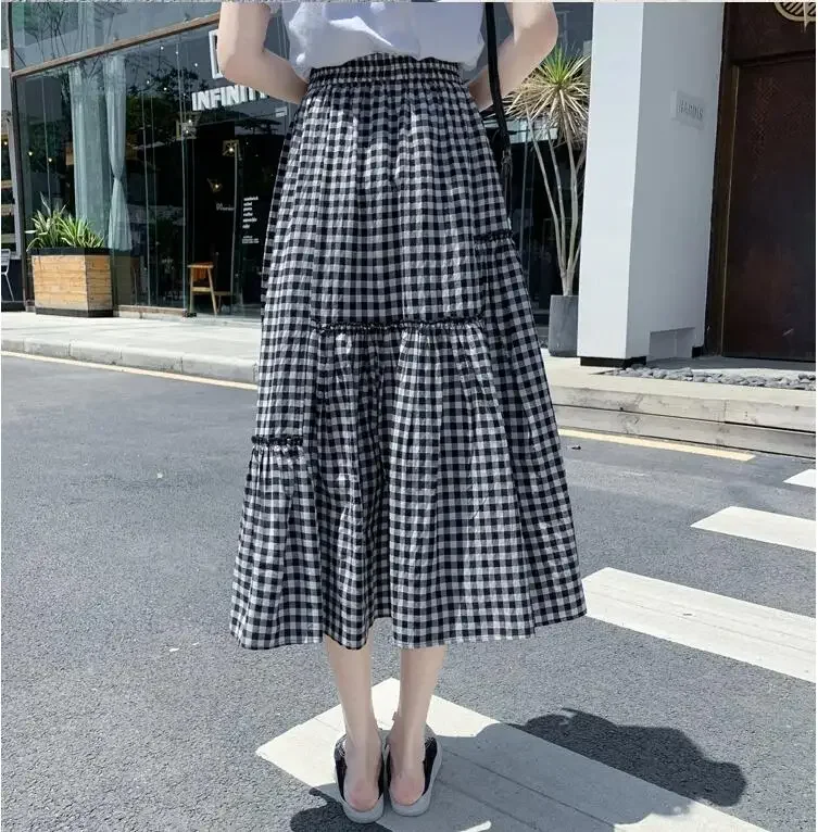 Gonne a pieghe scozzesi vintage estive Jurken Elastico a vita alta Midi Gonna lunga a trapezio Gonna stile preppy Harajuku da donna Skater