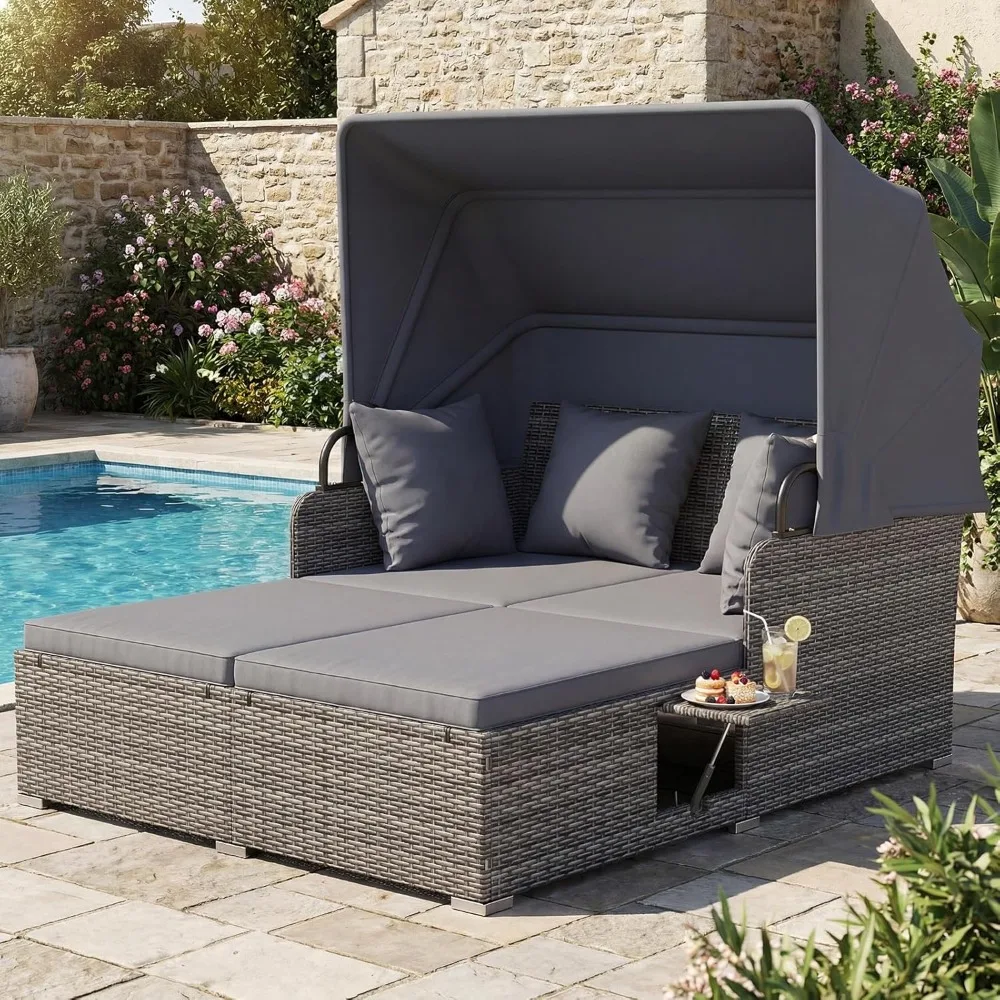 

Outdoor Wicker Lounge Daybed, Hand-Woven PE RattanDaybed, Patio Loveseat Sofa Set with Retractable Canopy & Side, Customized