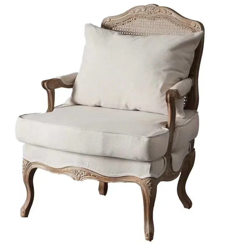 #Home American country solid wood sofa chair retro distressed casual single rattan backrest, fabric designer, photo studio tiger