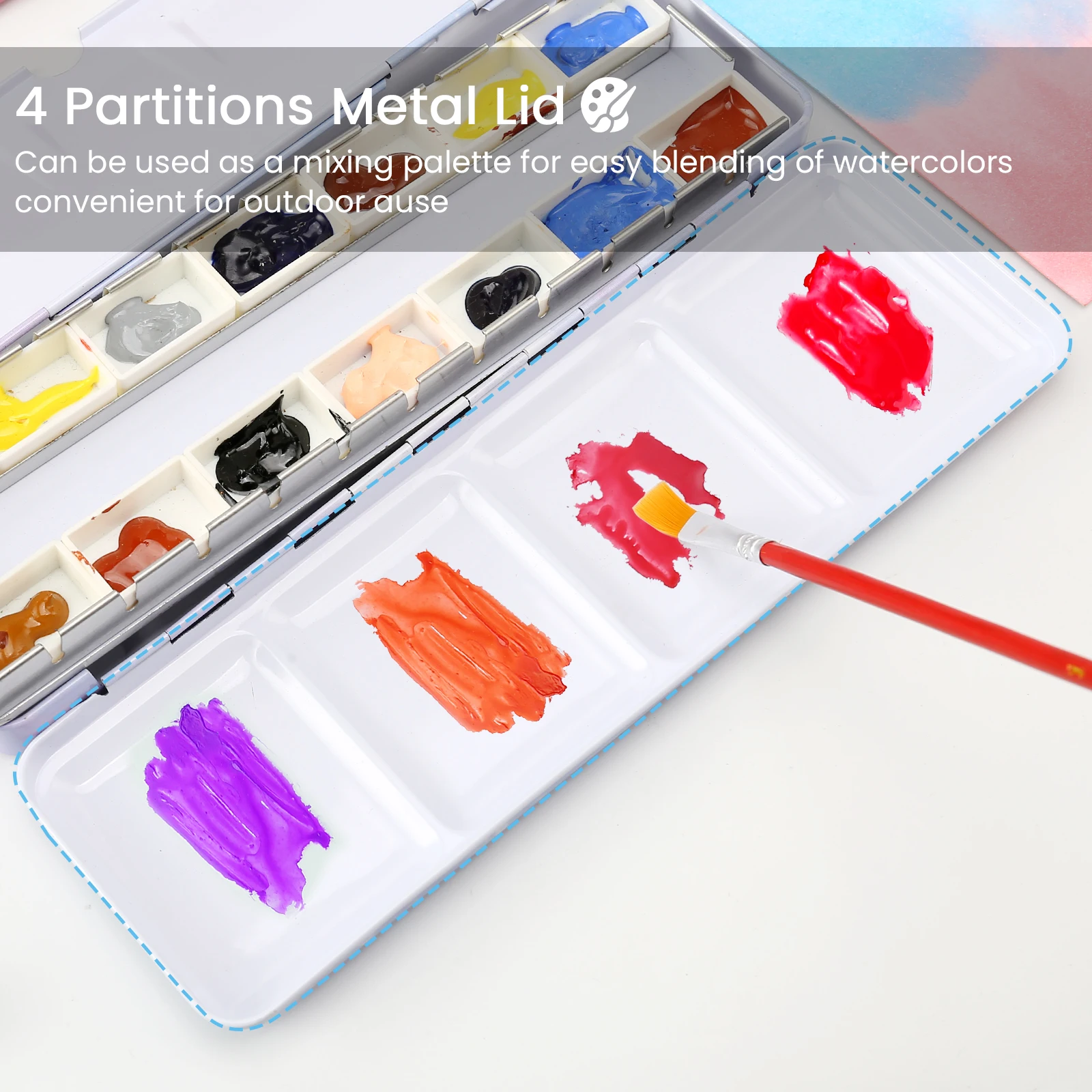 Watercolor Palette Empty w/Removable Paint Tray & 14PCS Empty Watercolor Full Pans - Sturdy Empty Watercolor Palette Tin