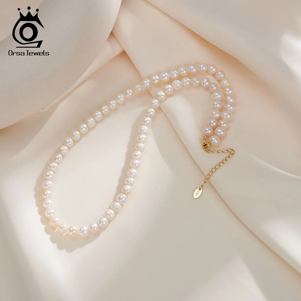 ORSA JEWELS 7mm White Freshwater Pearls Chain Necklace Elegant 14K Gold Plated Natural Pearls Beaded Neck Chain Party Gift GPN74