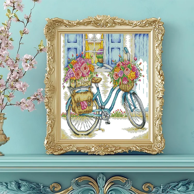 

Soulgift News Pre-Printed Cross Stitch Kit, Stamped Aida Fabric With DMC Threads, Embroidery Kit - Bicycle Loaded With Flowers