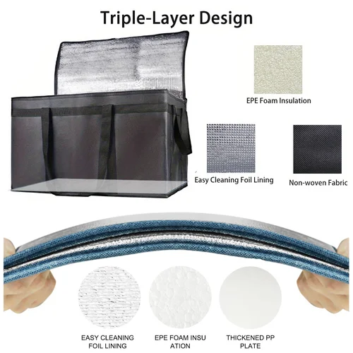 Imagen 2 del producto 1 Juego (bolsa y parte inferior), bolsa calefactora reutilizable de gran capacidad XXXL con fondo duro extraíble, bolsa de entrega de Pizza aislada de 3 capas