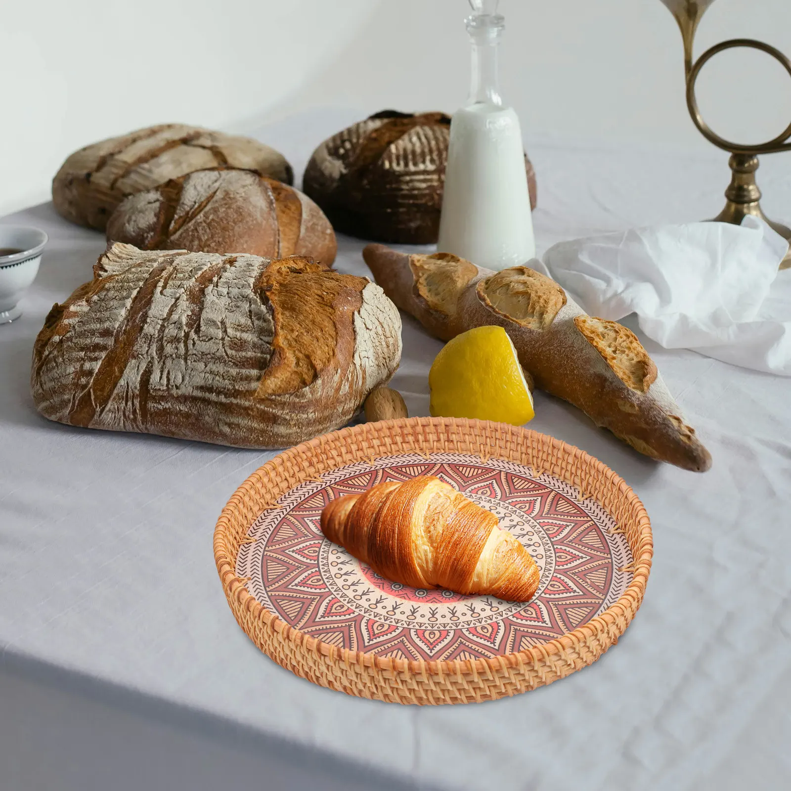 

Rattan Fruit Wear Resistant Snack Tray Round Woven Basket Snack Plate Decorative Storage Multifunctional Home Kitchen