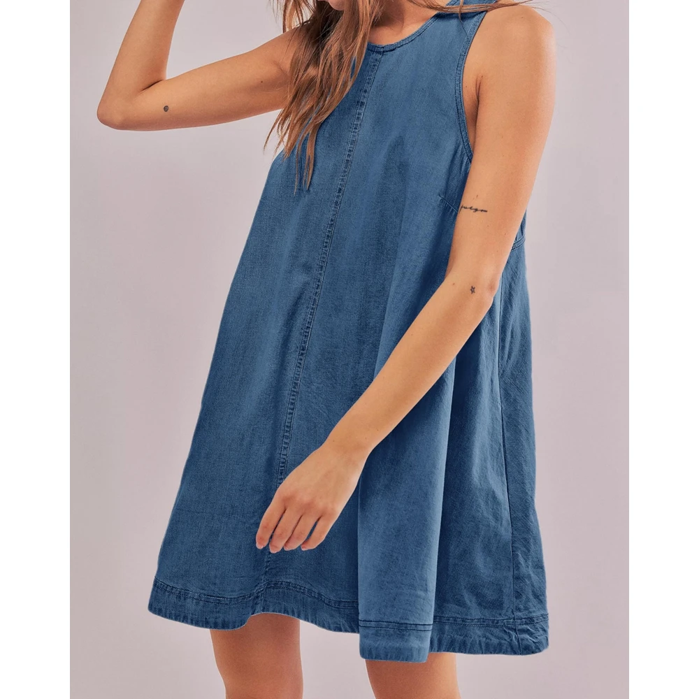 Elegant Women Cut Out Back O-Neck Midi Casual Denim Dress Summer Sleeveless A-Line Dresses Evening Outfits