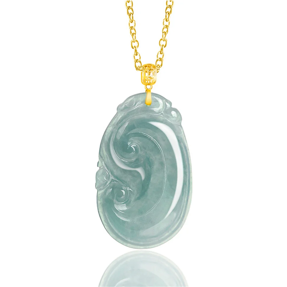 

18K Gold Natural Ice Green Jadeite Carved Charm RuYi Lucky Pendant Amulet Chain Necklace Certificate Luxury Jade Jewelry