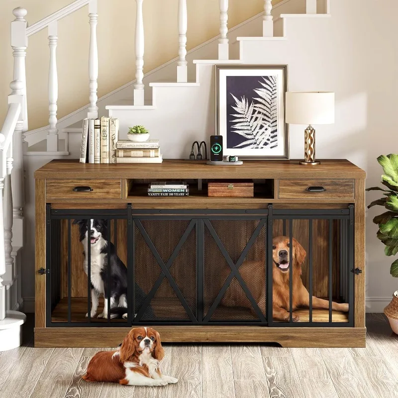 Dog Kennel Indoor Furniture Double  Crate TV Stand with Charging Station,   Sliding Barn Door Design Ideal for 2 Dogs, Oak