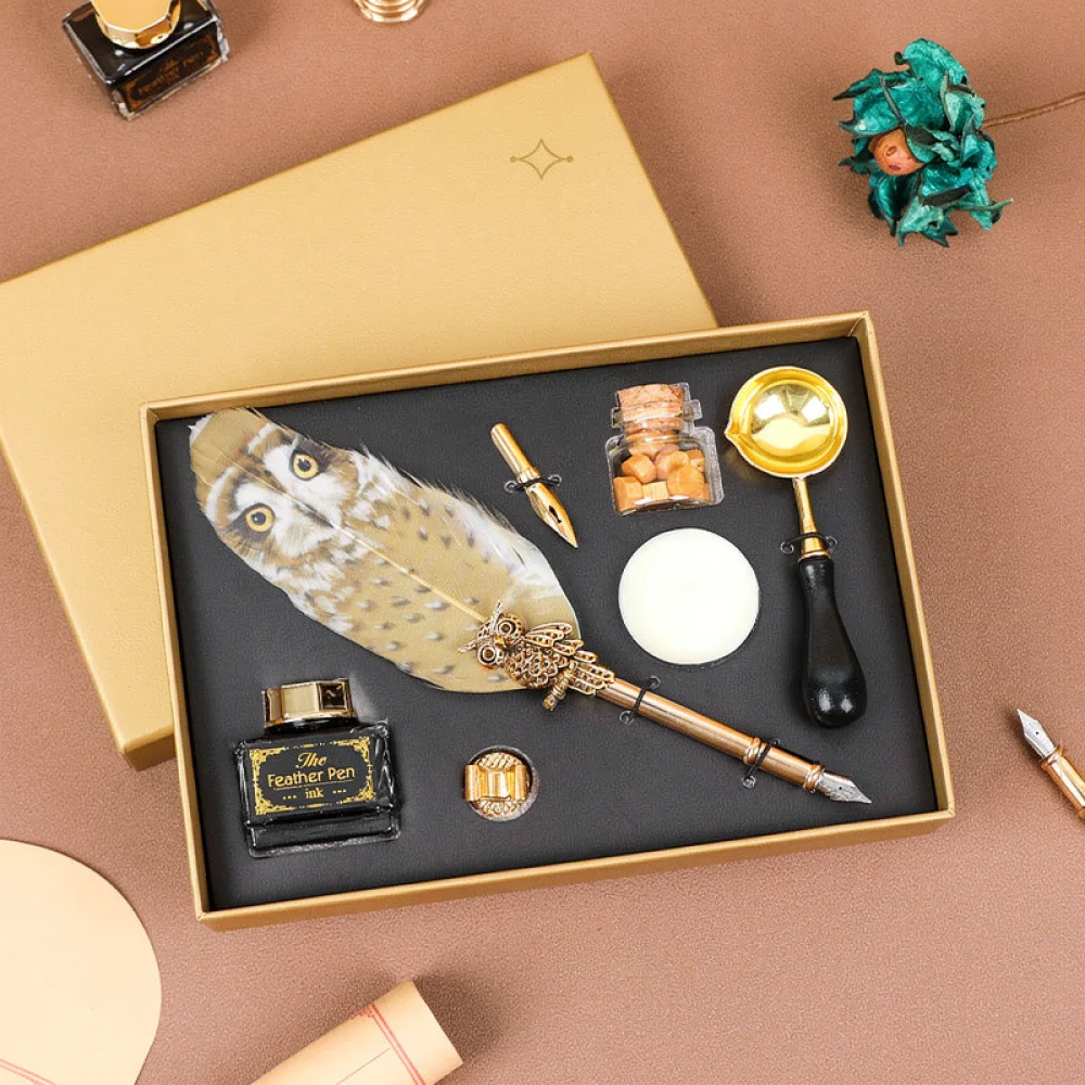Magic Academy Feather Pen Gift Set With Wax Seal Stamp Retro Calligraphy Stationery Tool For Daily Journaling