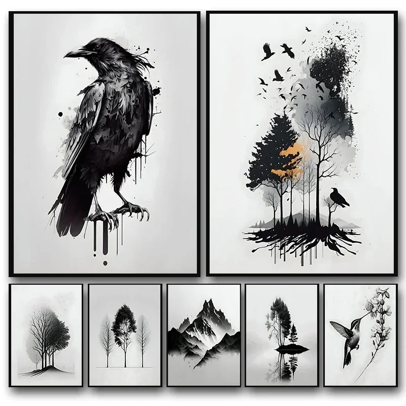 1pc frameless Canvas Painting Black and White Mountain Tree Crow Landscape Poster Print Canvas Painting Abstract Minimalist W