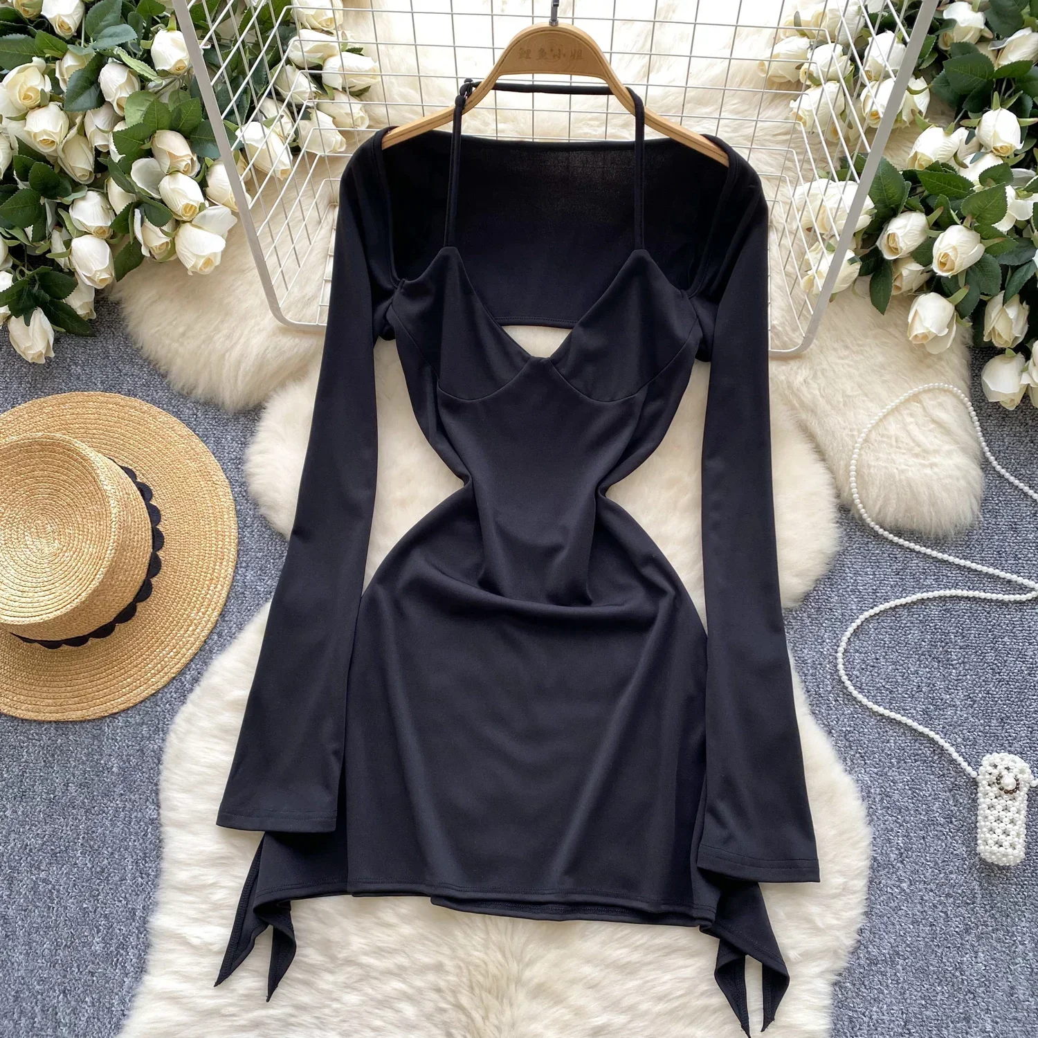 Sexy Hollow Out Halter Elegant Long Sleeves Hotsweet Backless Fashion Slim Short Dresses Streetwear High Street Autumn Clothing