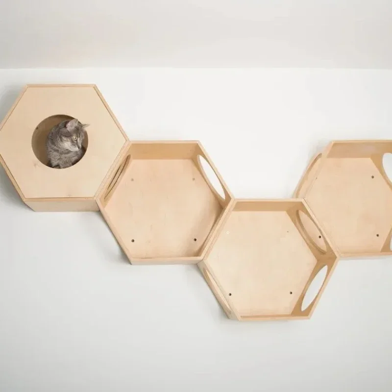 Wooden Hexagon Wall Mounted Cat Shelves Furniture For Cat House