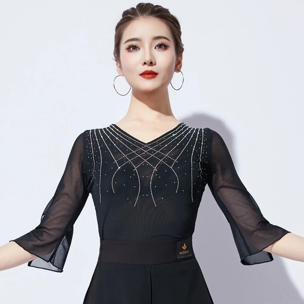 Samba-Top de baile con diamantes de imitación para mujer, camisa de baile latino con manga con volantes y cuello en V, vestido de fiesta de malla profesional negro