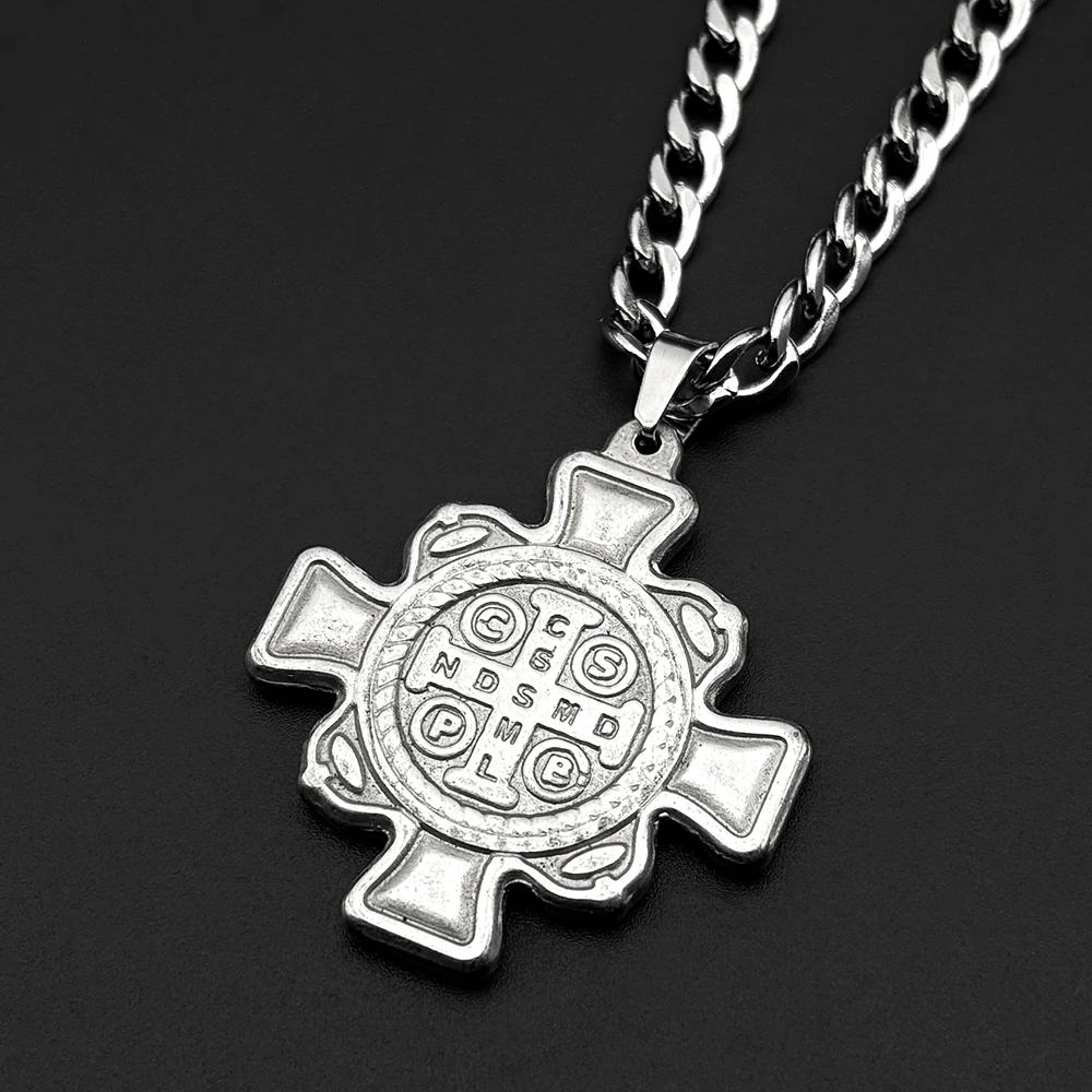 سانت بنديكت طارد الأرواح الشريرة رمز الصليب قلادة قلادة النساء الرجال التيتانيوم الفولاذ المقاوم للصدأ الفضة اللون الكاثوليكية سلسلة مجوهرات #4