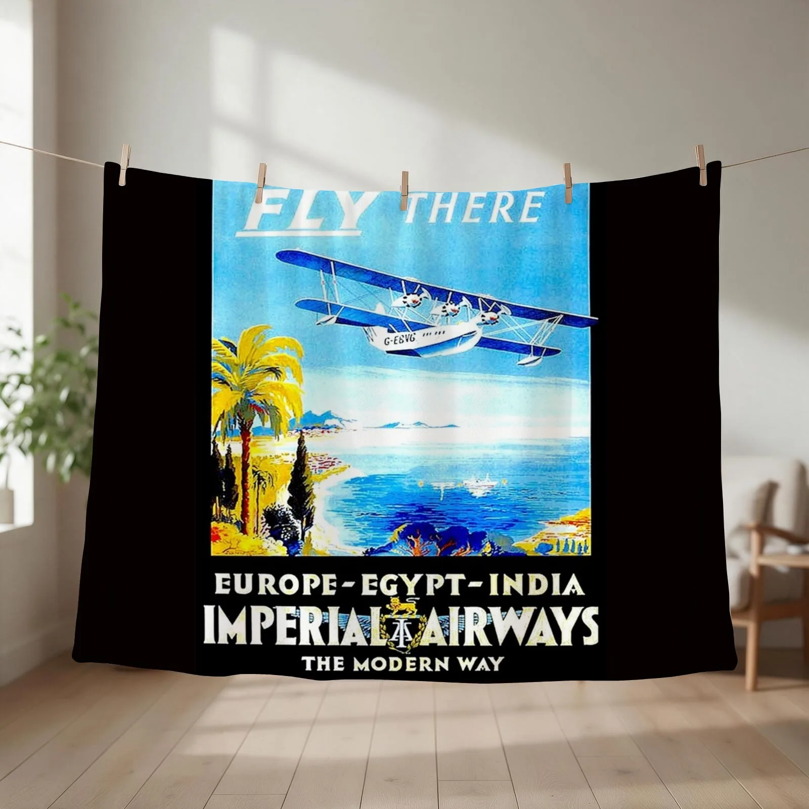 IMPERIAL AIRWAYS : Vintage Fly to Europe Egypt and India Advertising Print Throw Blanket