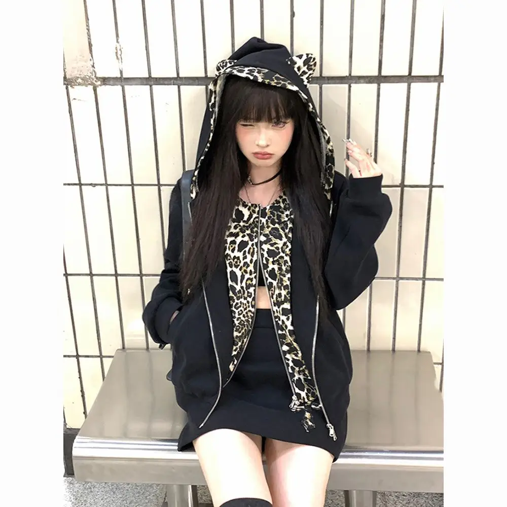 2000s American Vintage 2 Piece Skirt Sets Women Casual Y2k Leopard Jacket Coats with Hooded + Mini Skirts Black Gothic Harajuku