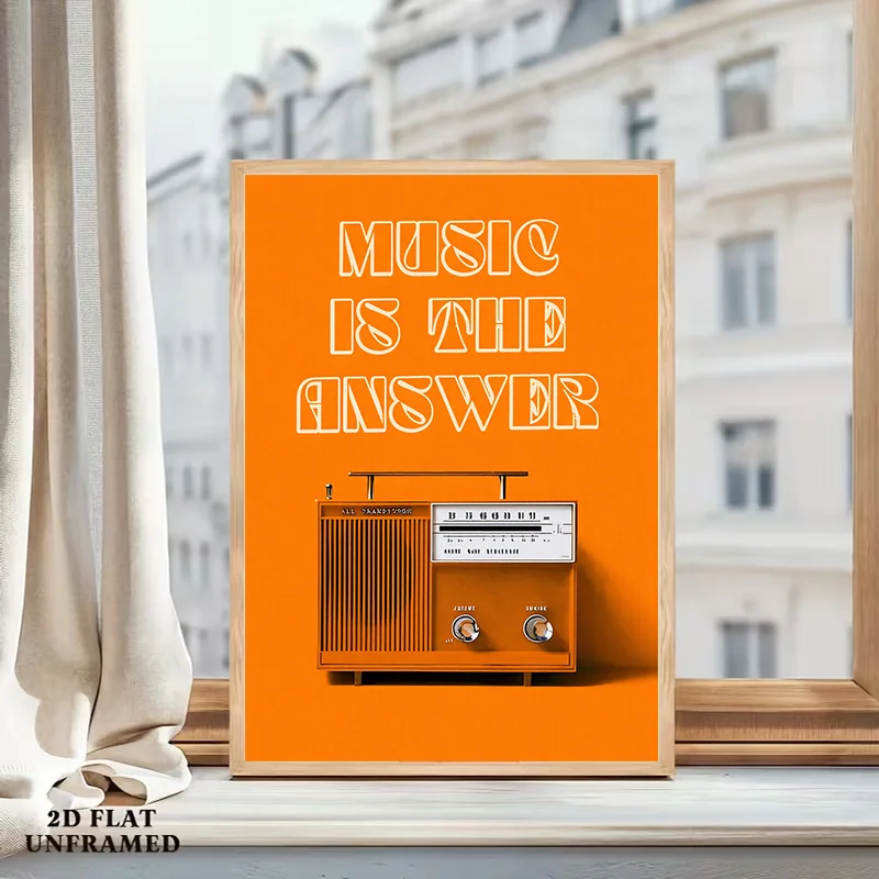 Vintage Radio Wall Art Frameless Canvas Painting Retro Music  for Living Room Bedroom Study Decor Orange Background Audio Device