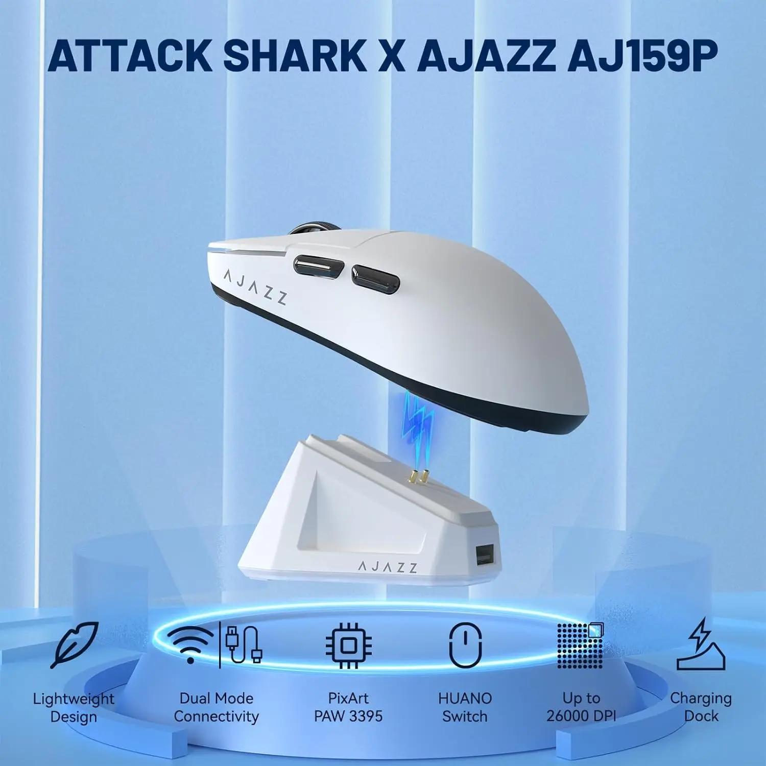 ATTACK SHARK x Ajazz AJ159 2.4G Wireless 26K DPI with Magnetic Charging Dock PAW3395 Sensor Programmable Ergonomic Gaming Mouse