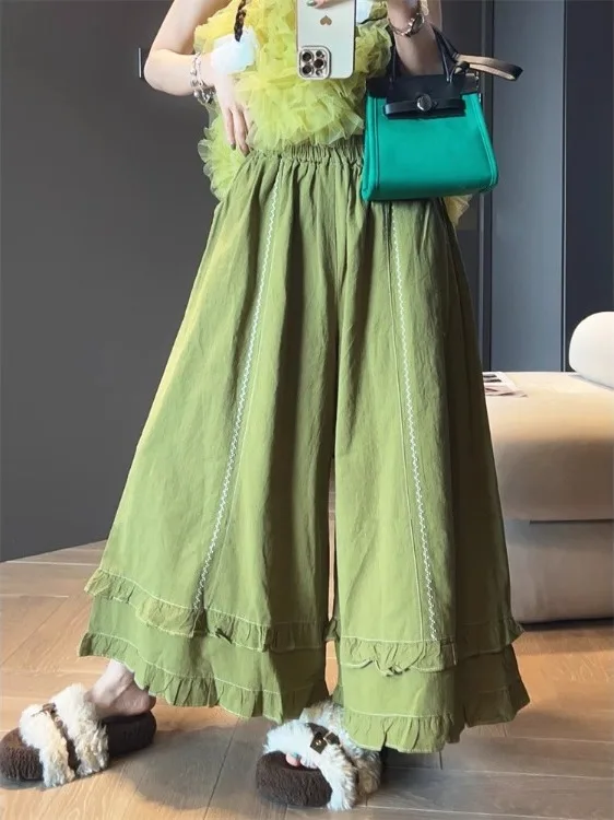 

Ele Embroidered Wide Leg Pants with Pleated Hem Elastic Waist Casual Summer plus Size Women's Faionable Slimming Trousers