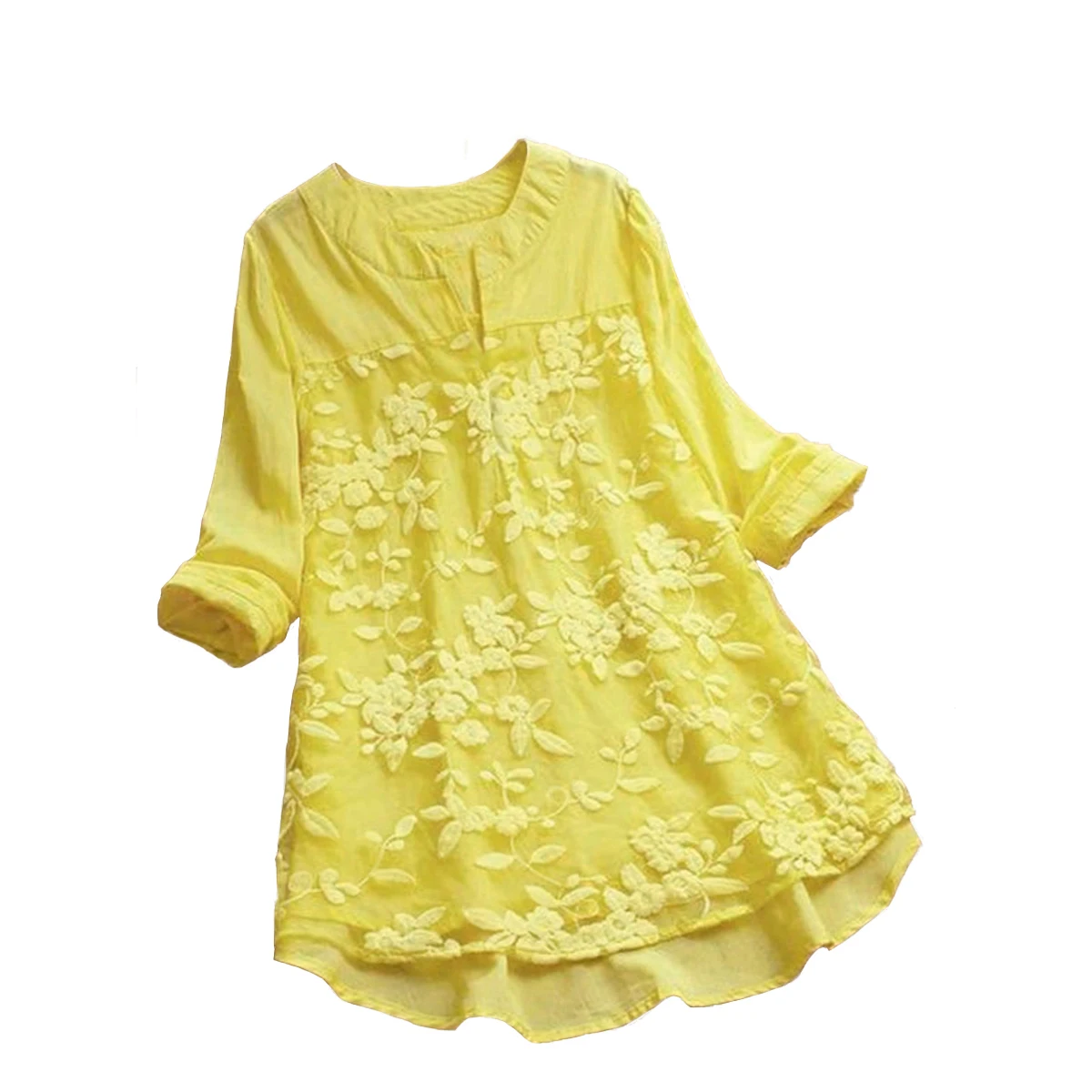 Women\'s Lace Patchwork V-Neck Casual Shirt With Slit