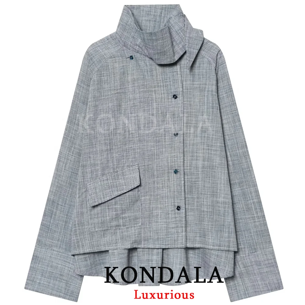 KONDALA Streetwear Chic Women Loose Blouse Turtleneck Pockets Single Breasted Blouse New Fashion 2026 Spring Holiday Blouse