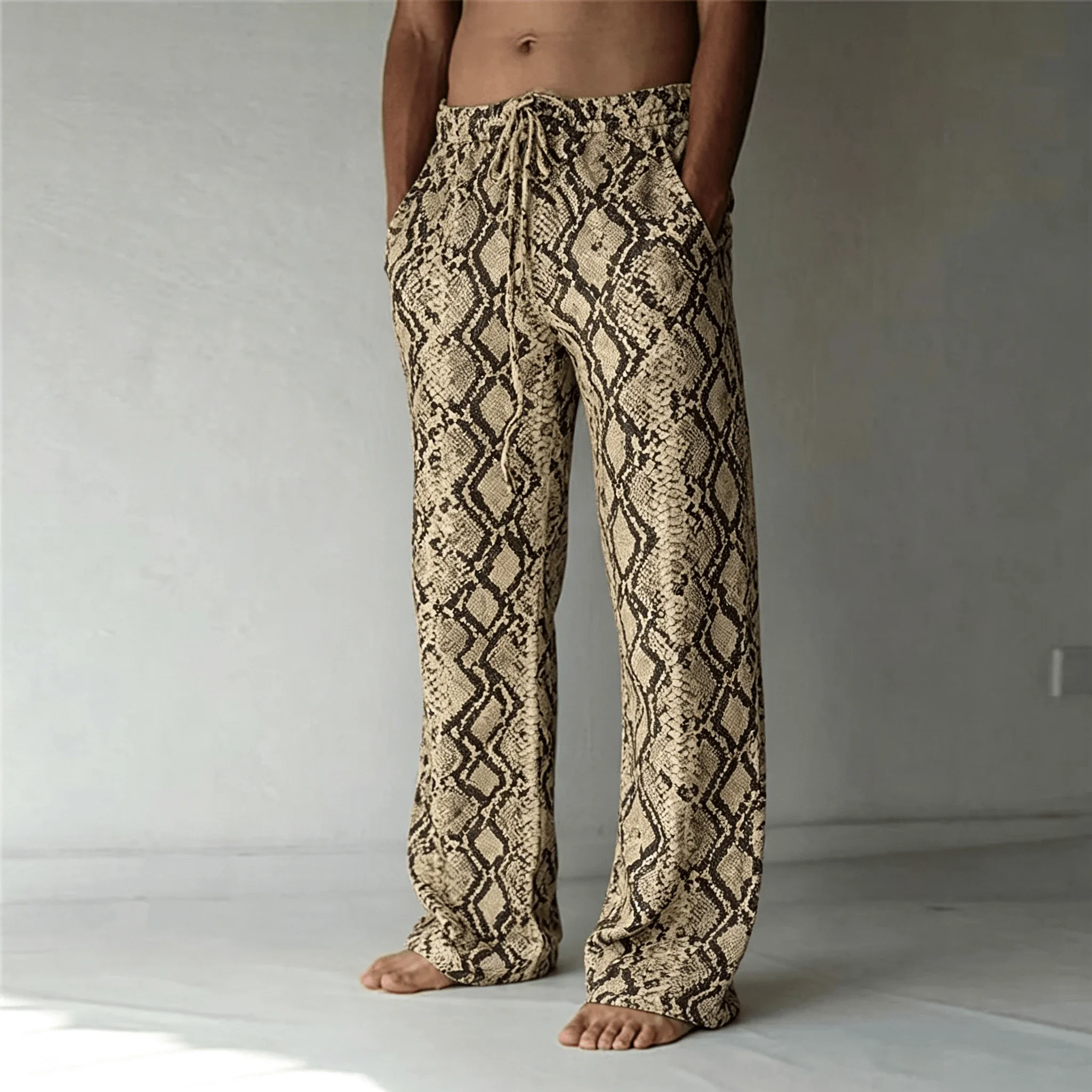 Herren Boho Patchwork-Hose, lockerer Ethno-Stil, Kordelzug in der Taille, mehrfarbig bedruckte Freizeithose für Herren – Detail 4